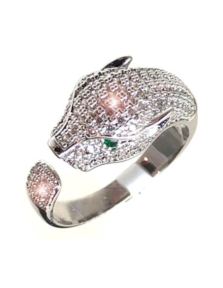 ANILLOS DE LEOPARDO CABEZA FELINA PLATEADA CUBIERTA DE PAVES