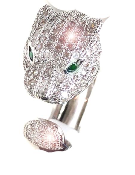 ANILLOS ELEGANTES DE PAVES COLOR PLATA CON CABEZA DE LEOPARDO