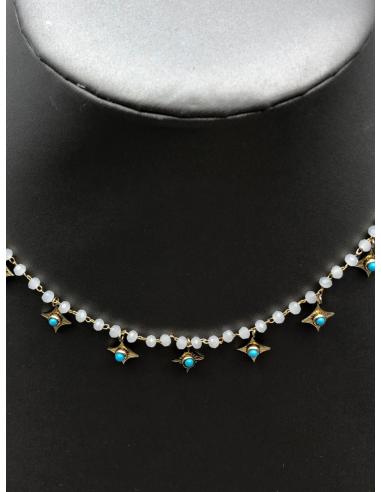 COLLARES CORTOS DE MUJER BLANCOS CON CHARMS TURQUESAS