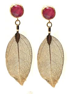 PENDIENTES DE MUJER DORADOS Y CON DETALLE DE BOTON EN ROSA