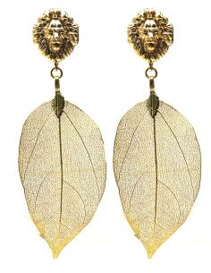 PENDIENTES LARGOS DORADOS CON CABEZA FELINA Y HOJAS