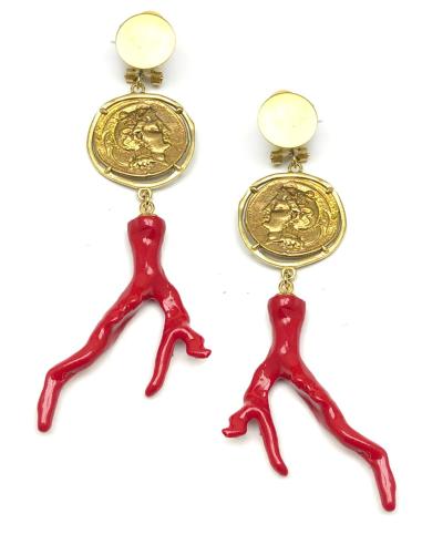 PENDIENTES LARGOS PARA MUJER CON MONEDAS Y RAMITAS DE CORAL