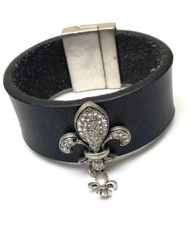 PULSERA  CUERO LISA ANCHA FLOR CRISTAL