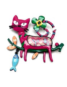BROCHES DE MUJER FUCSIAS CON GATOS Y PECES DE COLOR