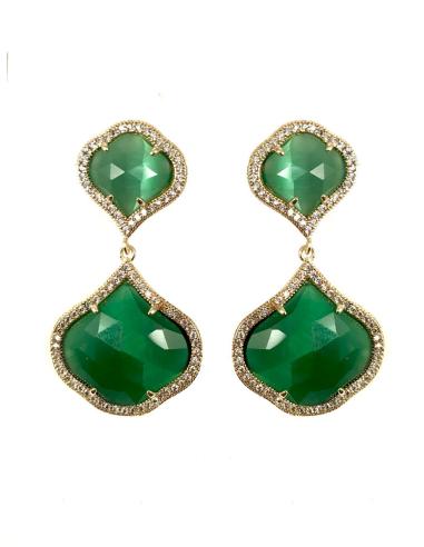 PENDIENTES PARA BODAS EN BISUTERIA FINA DE PIEDRA NATURAL,CIRCONITAS Y CHAPADOS EN ORO, COLOR VERDE ESMERAL