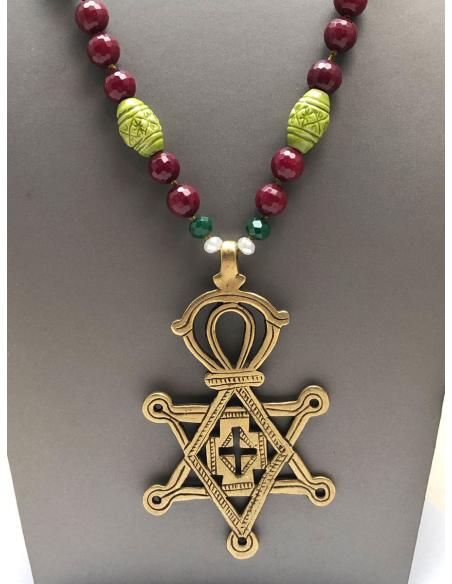 COLLARES MUJER DE PIEDRAS GRANATES CON CRUZ TUAREG DE BRONCE JOYERIA ETNICA AFRICANA VENTA ONLINE Y MADRID