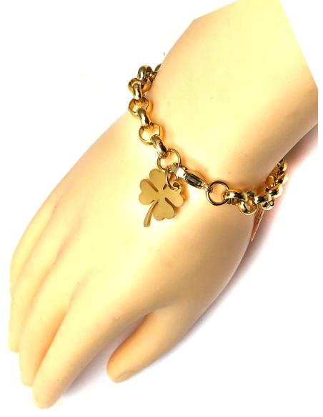 PULSERAS MUJER DE CADENA DORADA Y TREBOL DE LA SUERTE