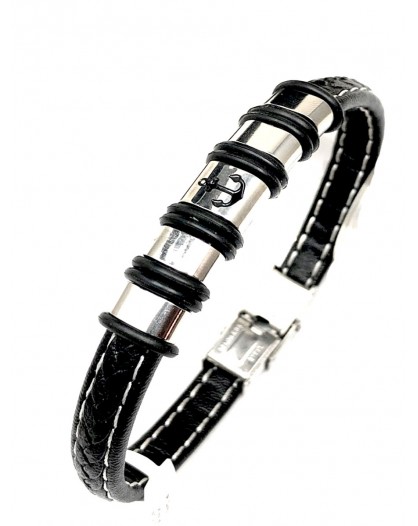 PULSERAS DE CUERO Y ACERO PARA HOMBRE CON DIBUJO DE ANCLA