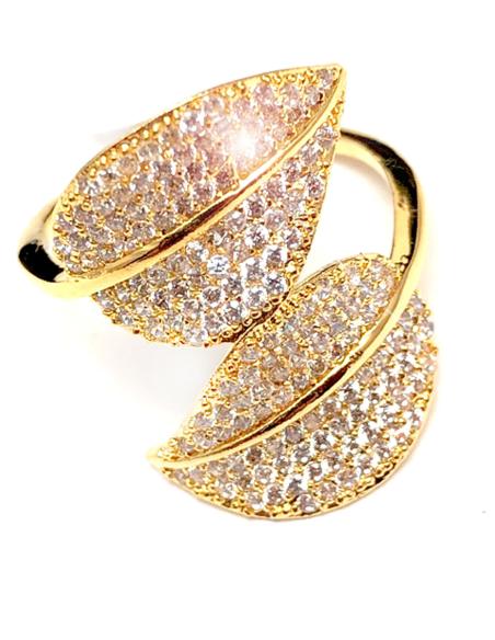ELEGANTES ANILLOS DORADOS GRANDES DE DOBLE HOJITA DECORADA