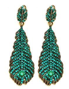 BONITOS PENDIENTES VERDES CON DISEÑO DE PLUMA CON PEDRERIA