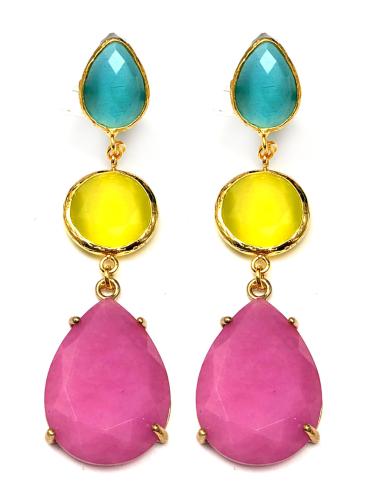PENDIENTES LARGOS DE PIEDRAS AZULES AMARILLAS Y ROSA MALVA