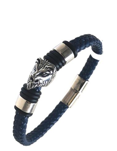 PRECIOSAS PULSERAS DE HOMBRE EN PIEL AZULES CON CABEZA DE LEON