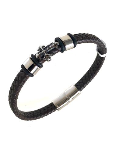 PULSERAS HOMBRE DE PIEL NEGRAS CON CRUZ EN ACERO ENVEJECIDO