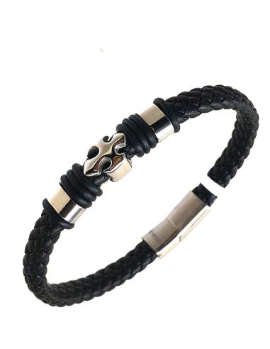 PULSERAS HOMBRE DE PIEL NEGRAS CON DISEÑO EN ACERO DE CRUZ