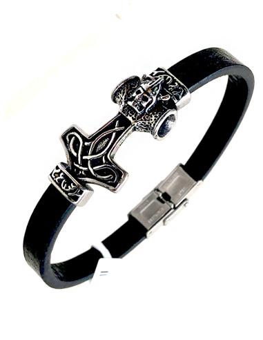 PULSERAS DE CUERO HOMBRE CON MARTILLO DE THOR EN ACERO ENVEJECIDO