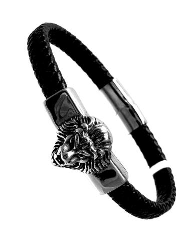 PULSERAS HOMBRE CUERO CON GRAN CABEZA DE LEON EN ACERO