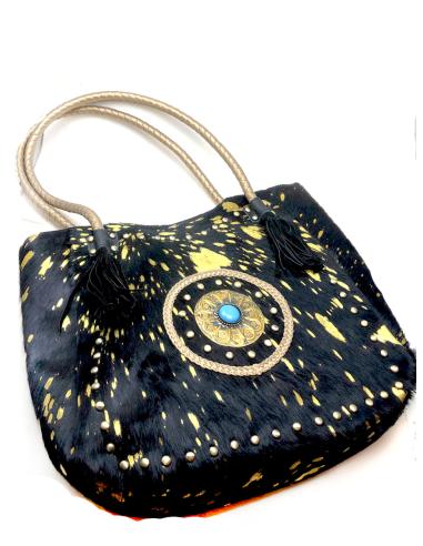 BOLSOS MUJER DE PIEL DE POTRO ESTILO ETNICO EN NEGRO Y DORADO