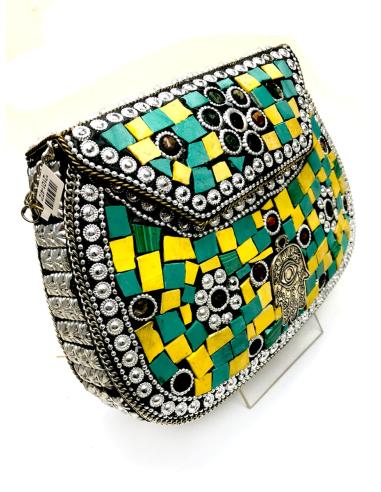 BOLSOS COFRE FIESTA DE MOSAICO VERDE Y AMARILLO CON MANO DE FATIMA
