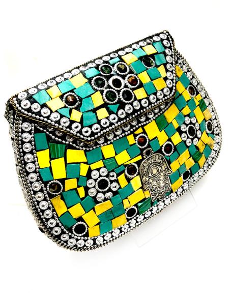 BOLSOS COFRE FIESTA DE MOSAICO VERDE Y AMARILLO CON MANO DE FATIMA