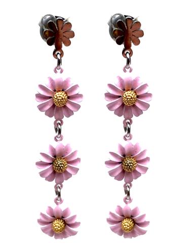 PENDIENTES PLATEADOS LARGOS DE MUJER CON MARGARITAS ROSAS