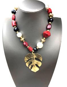 COLLARES MUJER ROJOS Y NEGROS CON PERLAS Y HOJA DORADA - Imagen 1