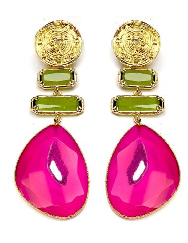 PENDIENTES LARGOS MUJER PIEDRAS NATURALES FUCSIA Y VERDE OLIVA