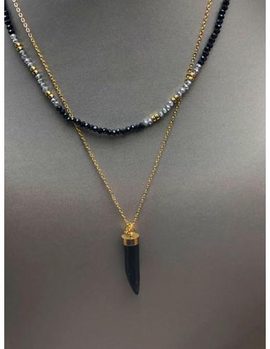 COLLARES DUO CADENA DORADA CON COLMILLO Y OTRA NEGRA Y GRIS