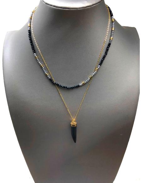 COLLARES DUO CADENA DORADA CON COLMILLO Y OTRA NEGRA Y GRIS