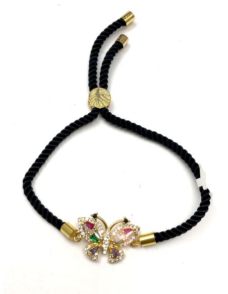 PULSERAS AJUSTABLES NEGRAS CON VISTOSA MARIPOSA MULTICOLOR - Imagen 1