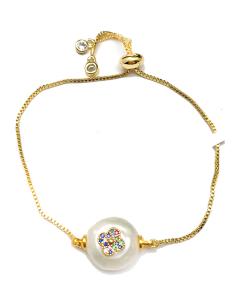 PULSERAS DORADAS AJUSTABLES CON PERLA Y FLOR DE COLORES - Imagen 1