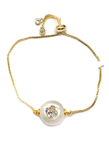 PULSERAS DORADAS AJUSTABLES CON PERLA Y FLOR DE COLORES - Imagen 1