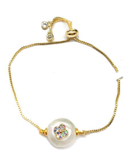 PULSERAS DORADAS AJUSTABLES CON PERLA Y FLOR DE COLORES - Imagen 1