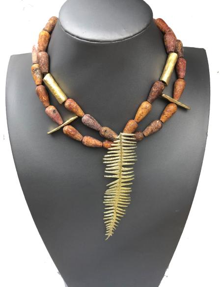collares etnicos mujer piedra natural y lava volcánica, hoja helecho - Imagen 2