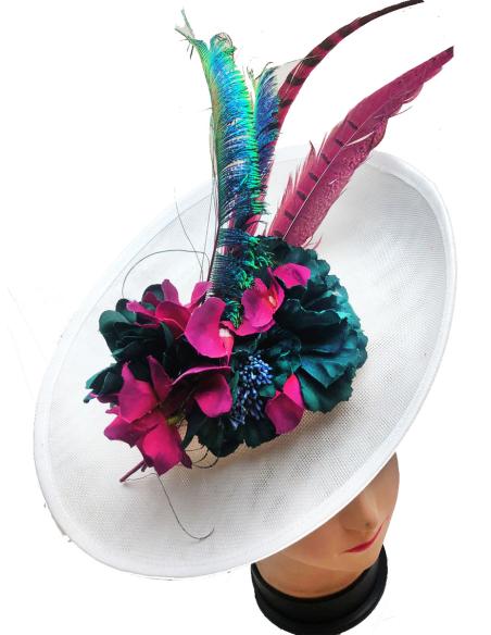 TOCADOS BODA VERDES Y BUGAMBILIAS CON PLUMAS DE FAISAN - Imagen 1