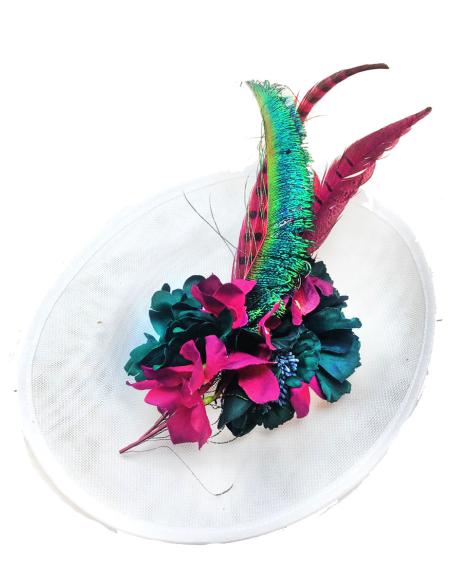 TOCADOS BODA VERDES Y BUGAMBILIAS CON PLUMAS DE FAISAN - Imagen 2