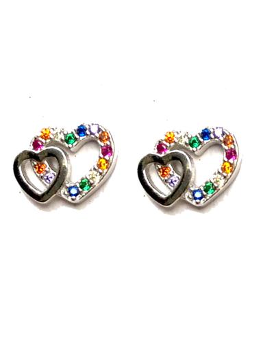 PENDIENTES MUJER DE PLATA CON DOBLE CORAZON MULTICOLOR - Imagen 1