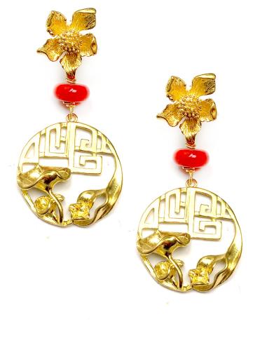 MUJER PENDIENTES LARGOS DORADOS Y CORAL ENCANTO ORIENTAL - Imagen 1