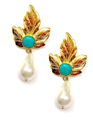 pendientes mujer largos forma de hoja y turquesa y perla - Imagen 1