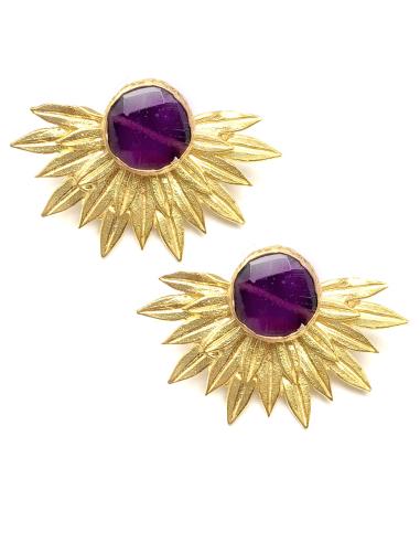 pendientes mujer chapados oro piedra marrón forma de sol - Imagen 1