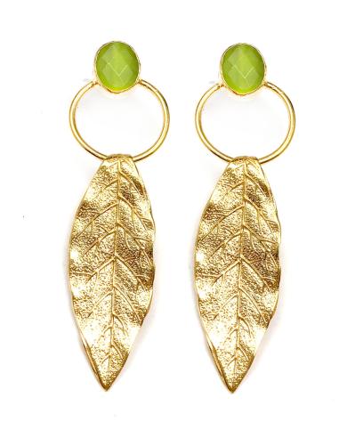 pendientes largos mujer de hoja y piedra verde manzana - Imagen 1