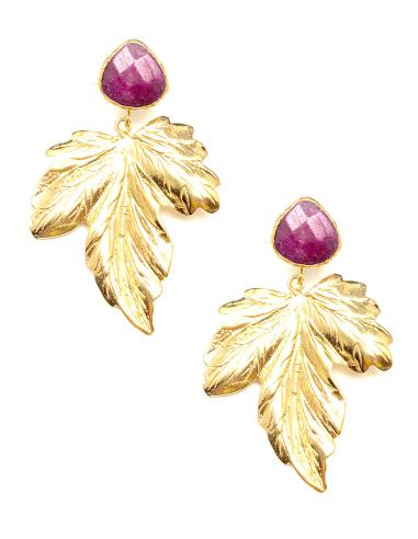 pendientes mujer invitada piedra rosa y forma de hoja - Imagen 1