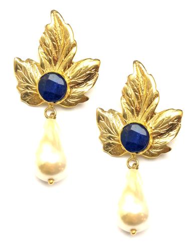 pendientes mujer largos piedra azul marino hoja y perla, joyas Madrid - Imagen 1
