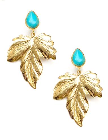 pendientes grandes mujer con piedra turquesa y hoja - Imagen 1