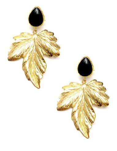 pendientes grandes mujer con piedra negra y hoja - Imagen 1