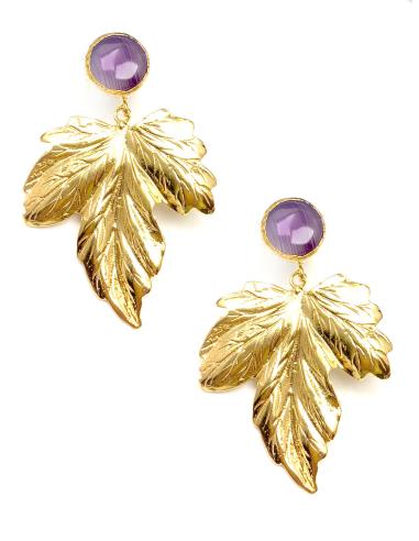 pendientes largos de piedra morada y Oro, pendientes largos online - Imagen 1
