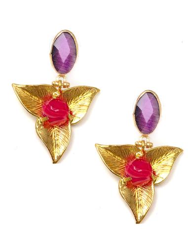Pendientes coral mujer dorados y piedra natural  forma de flor - Imagen 1