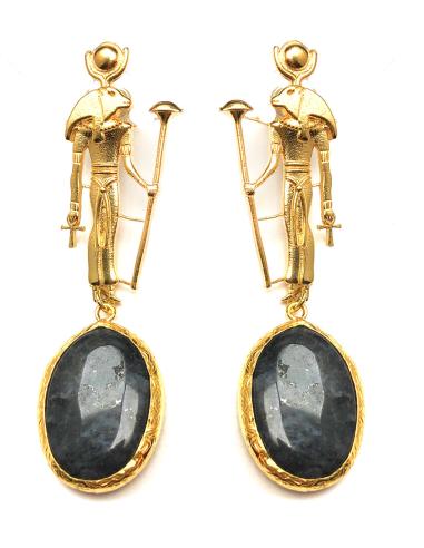 PENDIENTES EGPICIOS ALTA BISUTERIA DE DISEÑO, DIOS RA, Y  PIEDRA LABRADORITA - Imagen 1
