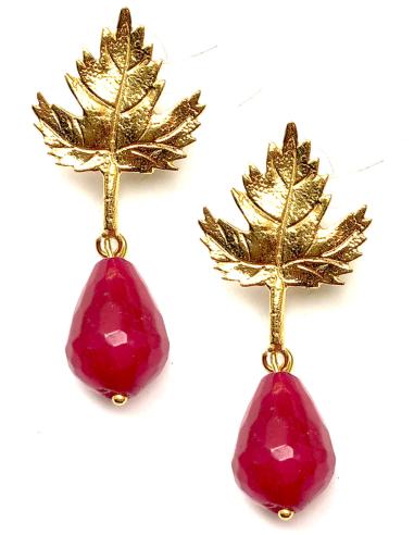 COMPRAR PENDIENTES MUJER ELEGANTES Y ORIGINALES, HOJAS Y LAGRIMA COLOR RUBI - Imagen 1
