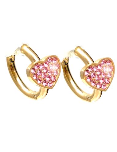 PENDIENTES DORADOS DE ARITOS CON CORAZONES ROSAS - Imagen 1