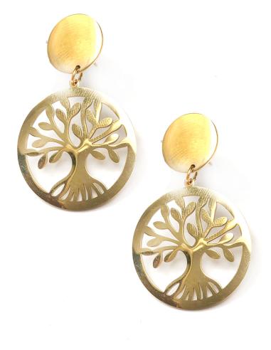 PENDIENTES DORADOS CON ARBOL DE LA VIDA DISEÑO EN ACERO - Imagen 1